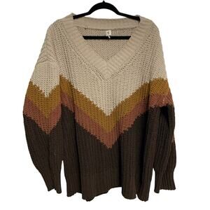 BKE V-Neck Sweater in Cream, Brown, and Pink